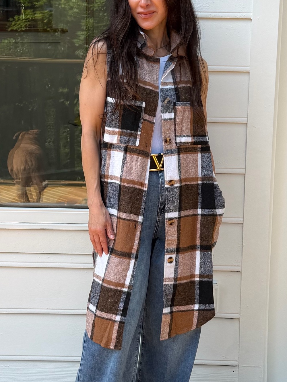 ShopEvelynne Brown Black and White Plaid Long Sleeveless Coat Vest - Picture 3 of 5